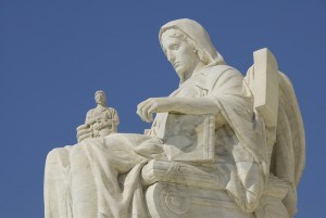 The statue called Contemplation of Justice at the entrance to the US Supreme Court in Washington, DC.